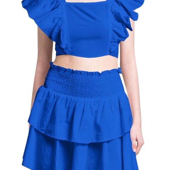 HT360 COLLECTIVE Smocked Waist Tiered Cotton Miniskirt In Cobalt Blue - Picture 1 of 9